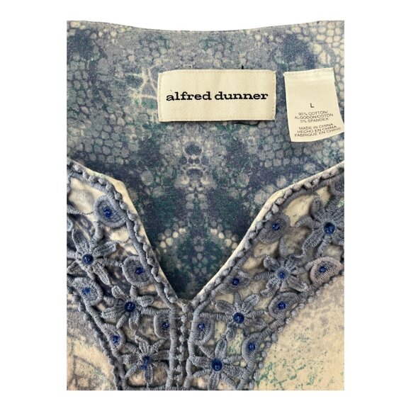 Alfred Dunner Women’s Size L Blue Lace Trim Floral Top – Short Sleeve Cotton Ble - Picture 2 of 5